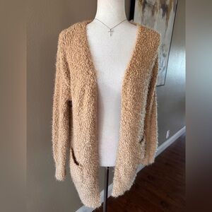 LOVE TREE Cozy Popcorn Textured Open Cardigan in Camel